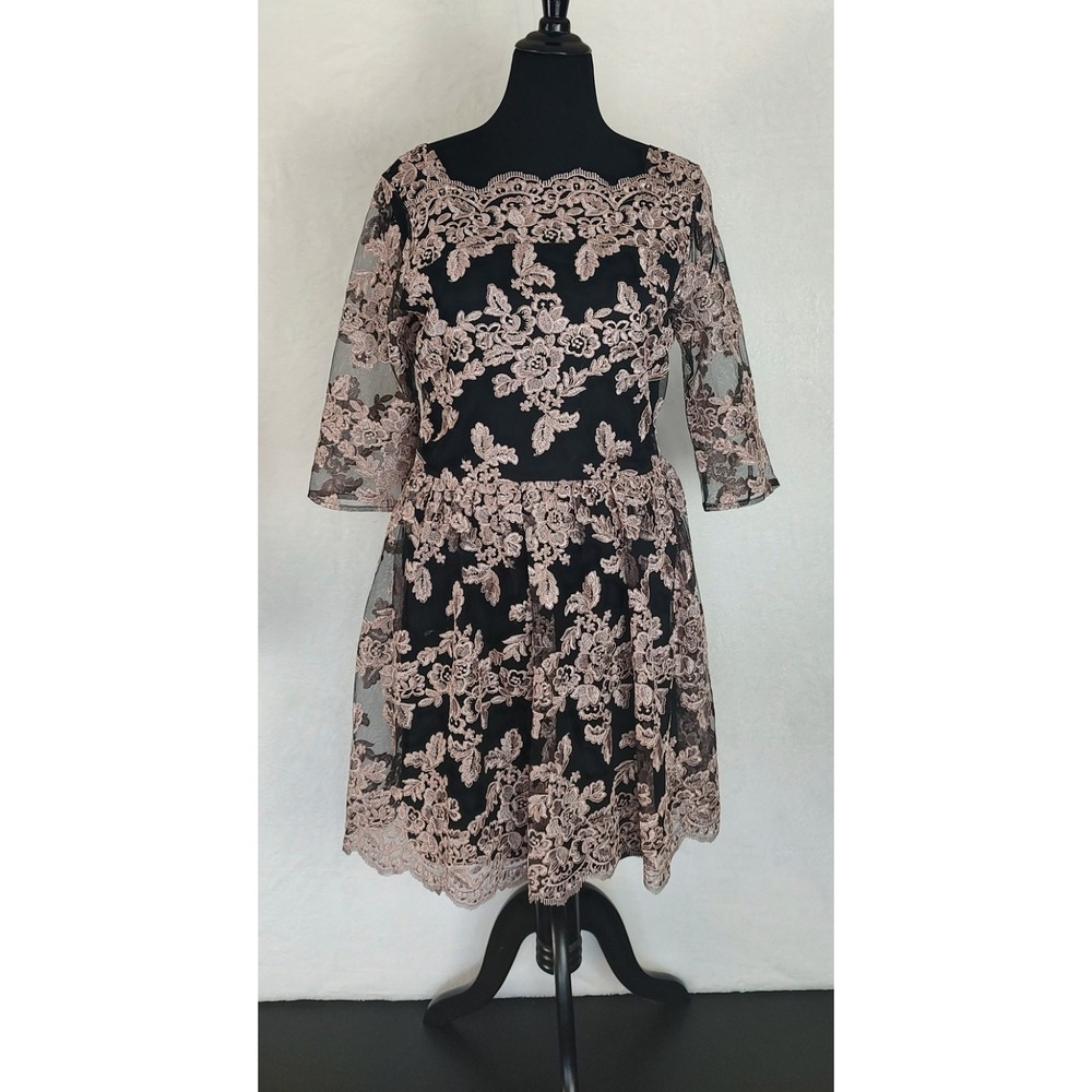 Luxology Womens Size 12 Black Rose Gold Floral Lace Fit & Flare‎ Cocktail Dress